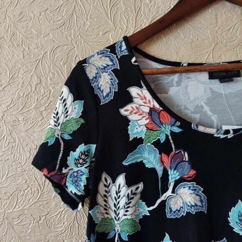 J. Jill Wearever Small Black Short Sleeve Stretchy Floral Shift Dress NEW Sz XS - Picture 2 of 8